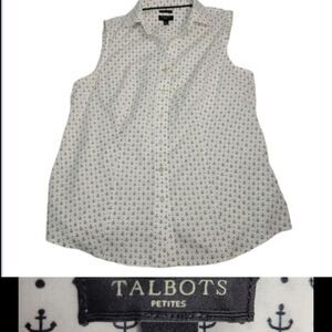 4P PETITE TALBOTS WHITE NAUTICAL SAILING Anchor button SLEEVELESS TOP SHIRT 4